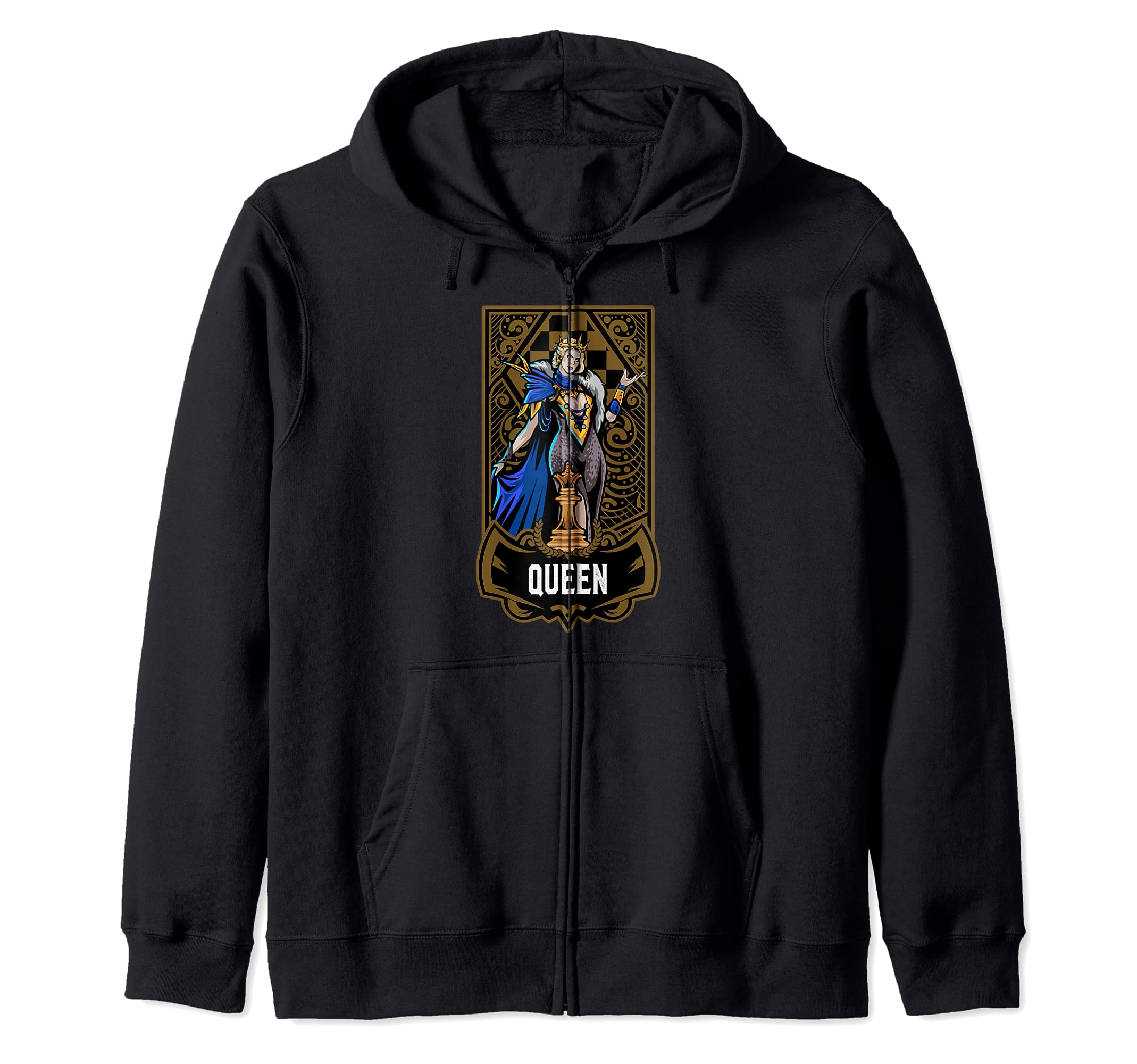 Queen Chess Game Piece Chess Club Players Gambit Blue Team Zip Hoodie, Black