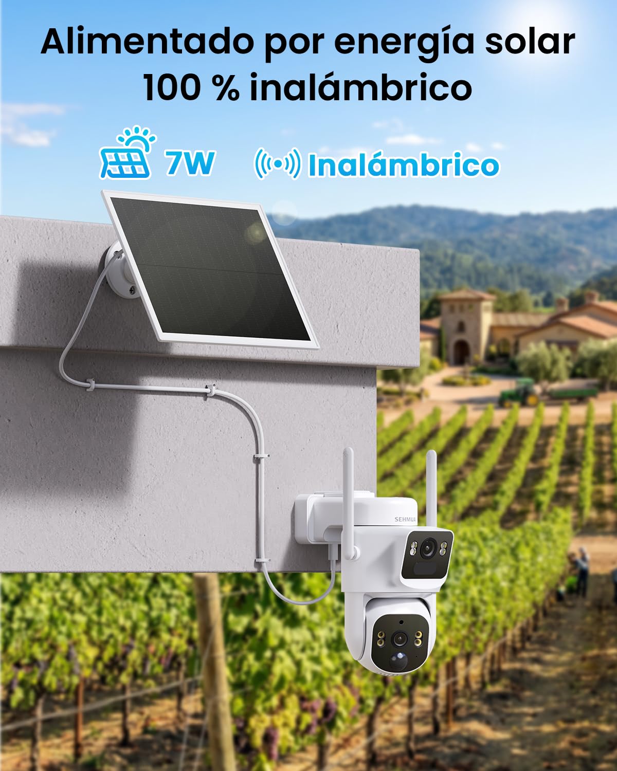 SEHMUA Cámara 4G Exterior Solar con Tarjeta Sim（Doble Lente） 2K+2K | Cámara de Vigilancia Inalámbrica con Detección Humana por IA, Alarma de Luz y Sonido, Visión Nocturna a Color, PTZ 360°, IP65