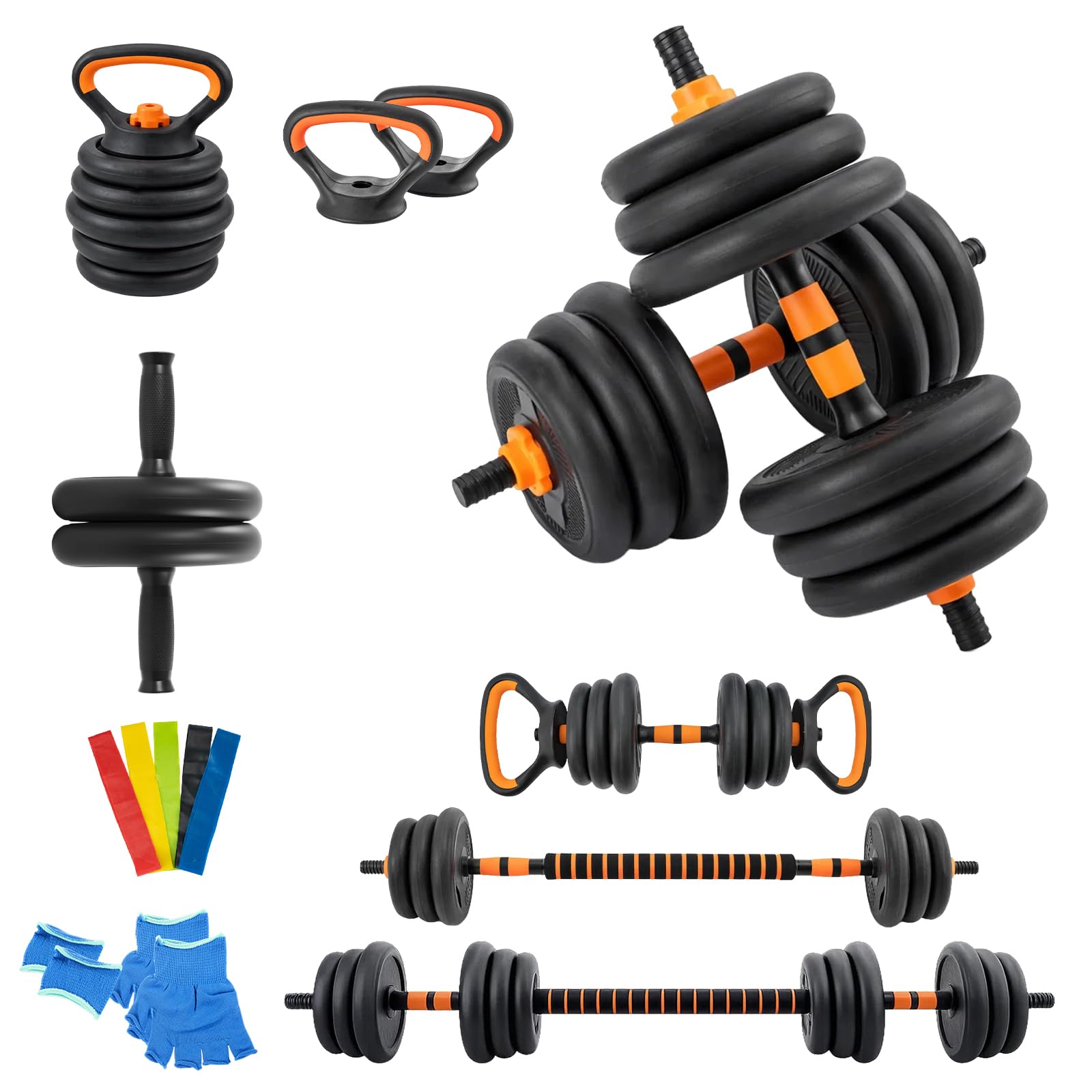 M.J COMFY-LIFE 20Kg Dumbbell Set, Adjustable Home Gym Weights for Men & Women Barbell, Kettlebell, Push-Up Bars, Ab Roller Free Weights for Full Body Wor (Orange, 5 in 1)
