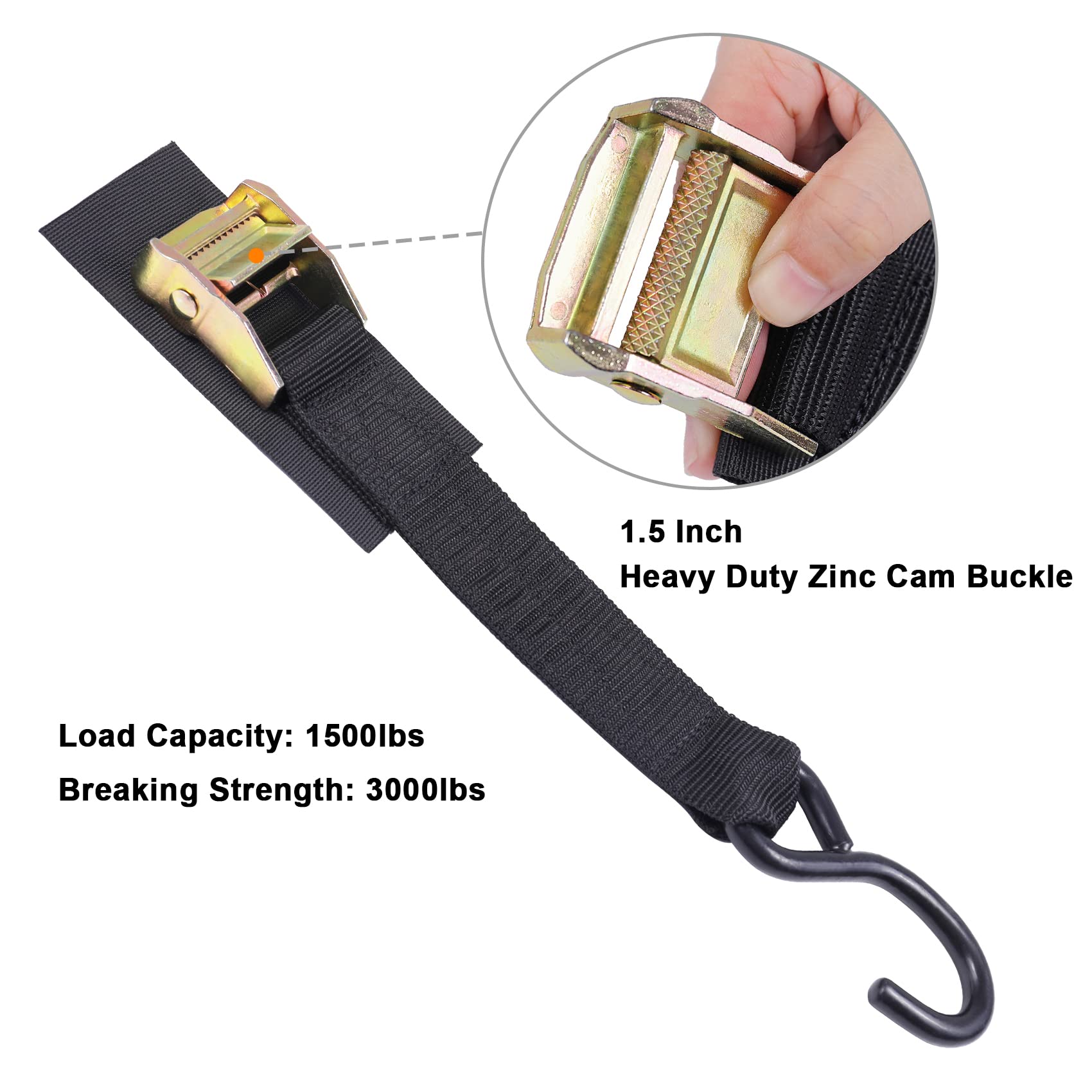 Ayaport Cam Buckle Strap 8 feet Tie Downs 3000lbs Break Strength Securing Straps with S Hooks, Black, 1.5in x 8ft - Image 3