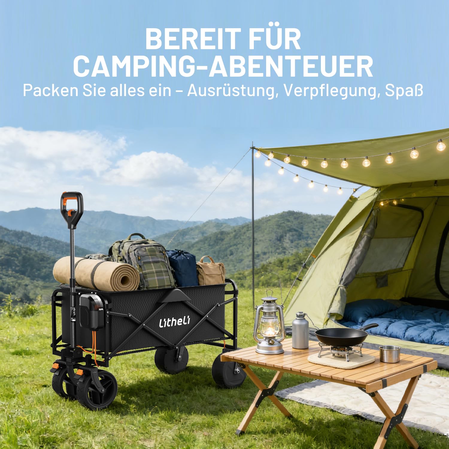 Litheli Carrello elettrico pieghevole, con motore e freni, portata 100 l, 50 kg, adatto per campeggio, giardino, spiaggia, shopping (nero, W1 Go, senza batteria)
