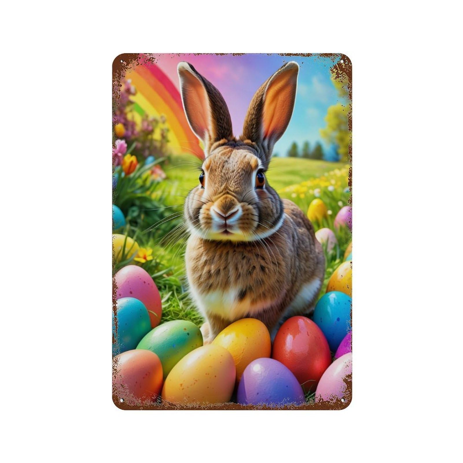 Garage Style Easter Bunny with Colorful Eggs Rusty Metal Tin Sign 11.8"x7.9", Classic Wall Plaque for Bar And Workshop