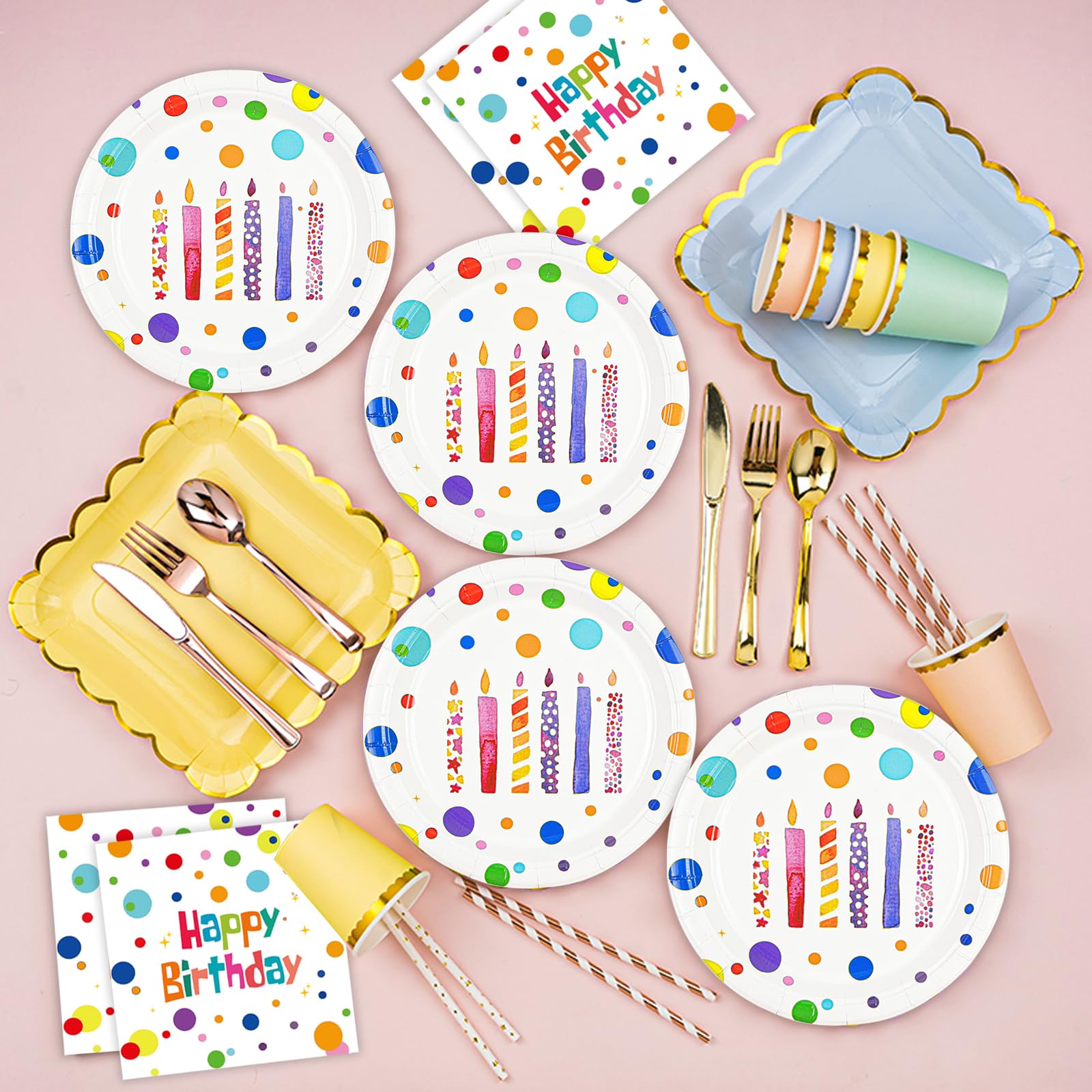50 platos y servilletas de feliz cumpleaños, 7 pulgadas, coloridos puntos, platos de postre para pastel de cumpleaños, juego de vajilla de papel desechable para decoración de fiesta de