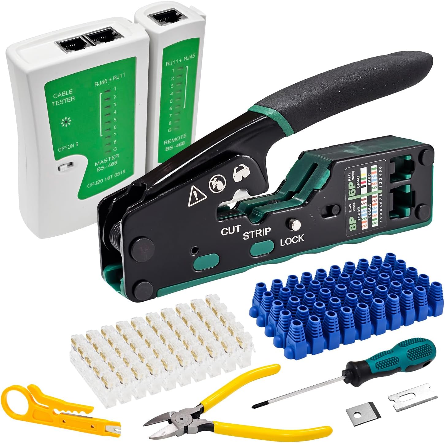 RJ45 Crimp Tool Pass Through Ethernet Crimper Kit, Cat5e Cat6 RJ45 Crimping Tool with Cable Tester, 50Pcs Connectors and Strain Relief Boots