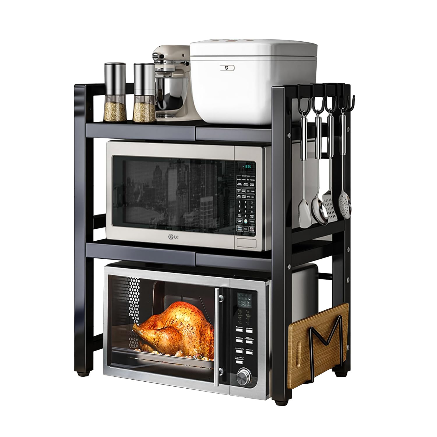 devesanter Estantería ampliable para microondas de 3 niveles, con 5 ganchos, para cocina, para especias, para microondas, extensible de 40 a 64 cm, color negro