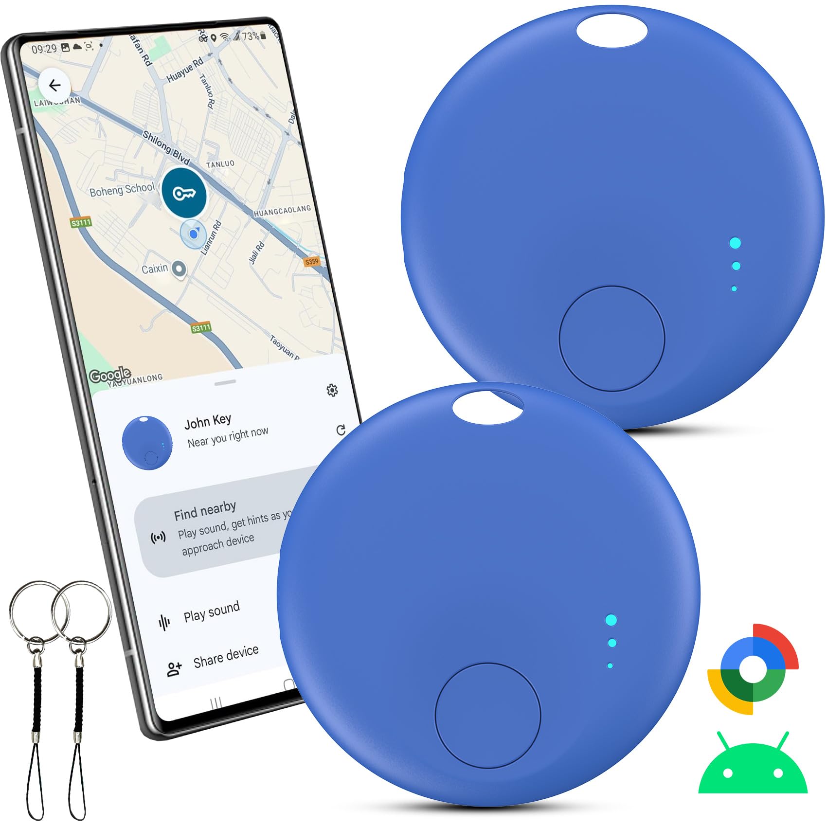 Smart Air Traceur, Traceur Localisateur D’Objets Bluetooth, Fonctionne avec l’app Google Localiser, Batterie Longue Durée,Air Tracker Android pour Les clés/Portefeuilles/valises (Bleu, 2 Pack)