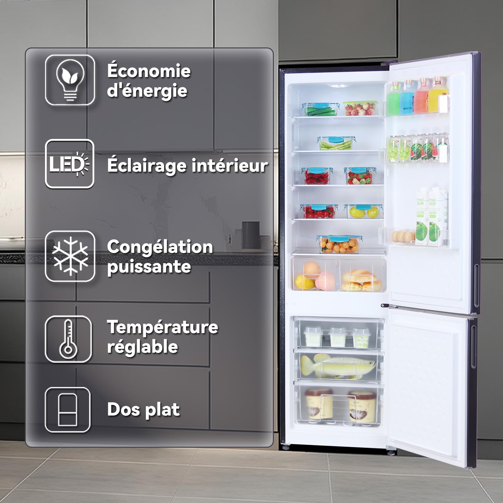 magictec Frigo congelateur combiné,refrigerateur congelateur combine | 266 L (192 L/74 L) | Réfrigérateur congélateur no frost | Pose libre | Éclairage LED | Métallique