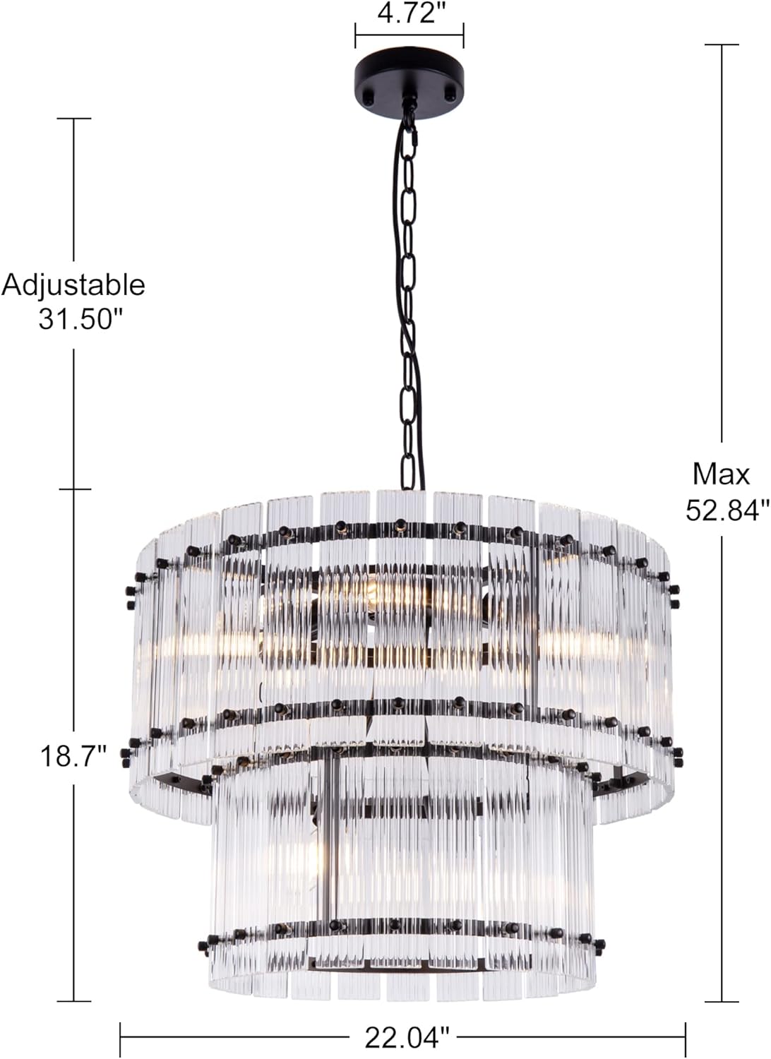 TOCHIC Modern Glass Chandeliers, 2 Tiers Black Farmhouse Chandelier for Dining Room, 6 Lights Foyer Hanging Light Fixtures with Glass for Living Room, Bedrooms, Kitchen Island, Bathroom, D-22.04"