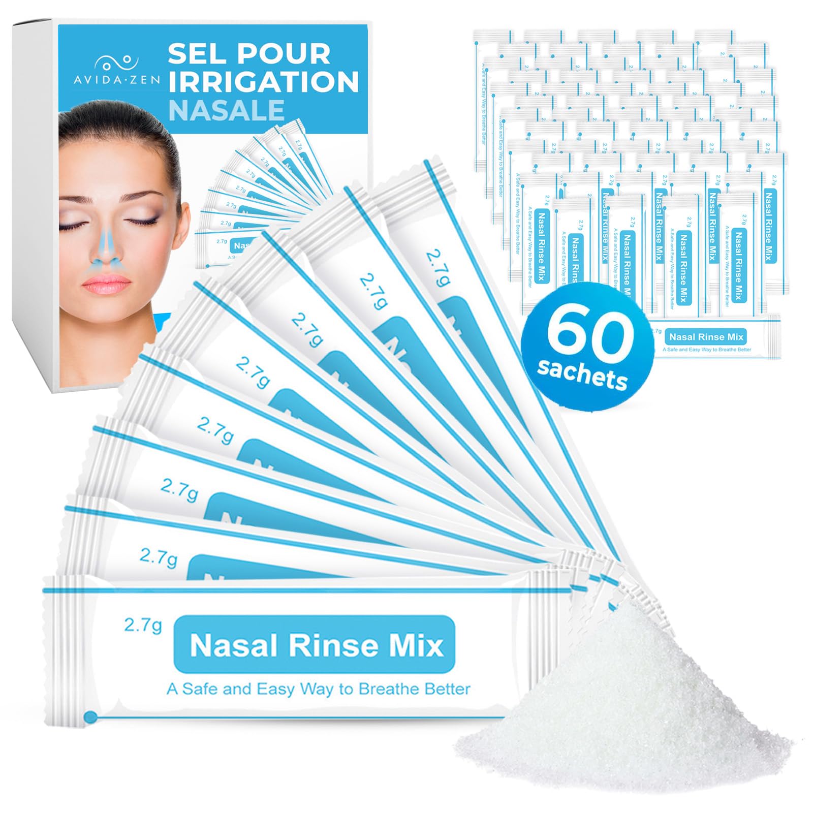 AVIDA ZEN - Sel Nasal - Lavage Nez Adultes - Sachets de 2,7g de Sel pour Rinçage Nasal - Lot de 60 Sachets - Idéal pour Kit d'Irrigation Nasale pour Adultes et Enfants