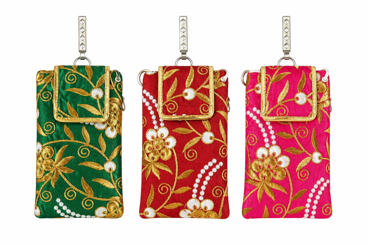 Embroidered Mobile Pouch for Women with Sling Strap & Pocket | Silk Ethnic Floral Phone Bag | Lightweight Crossbody Mobile Holder for Daily Use & Travel Assorted Pack of 3-image-5