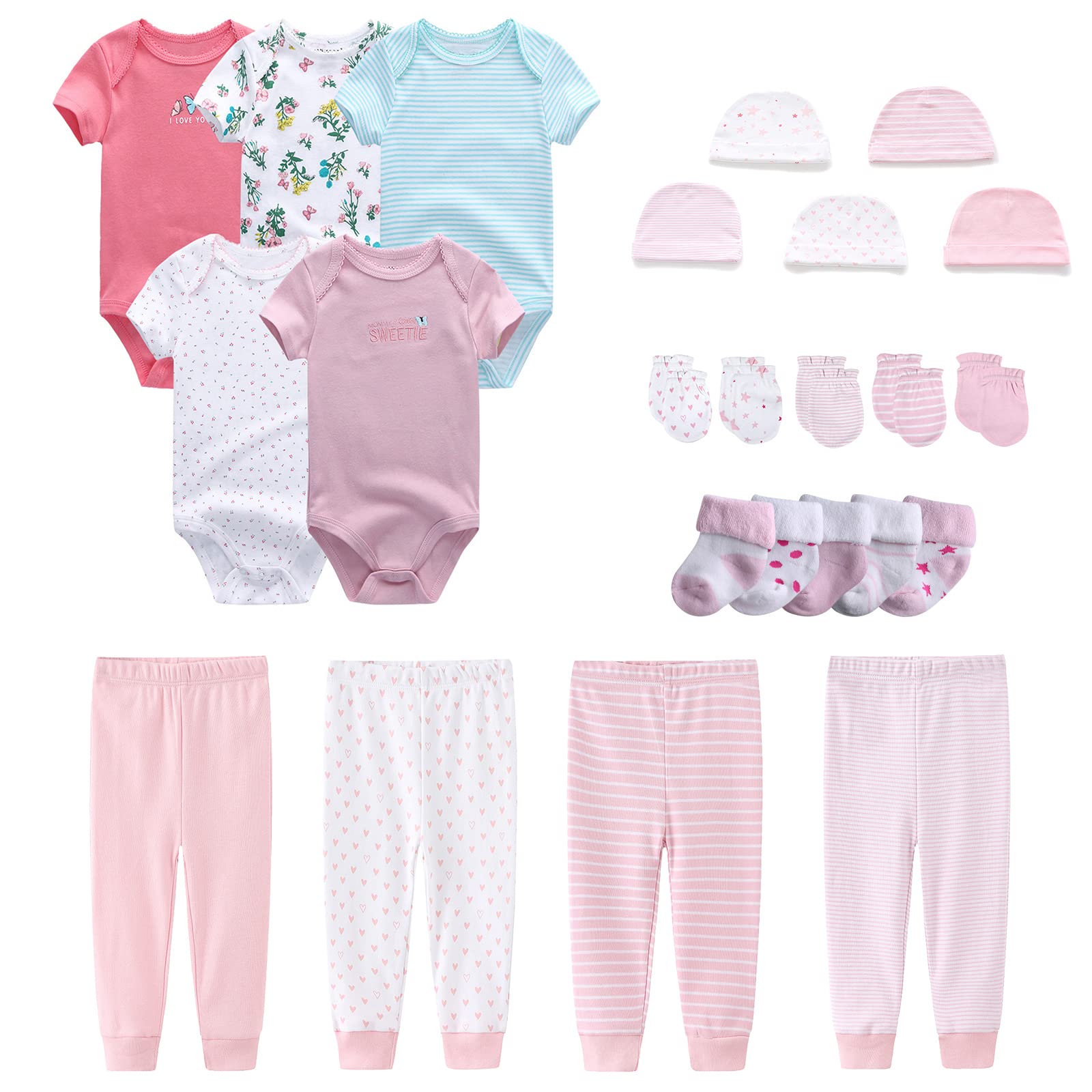 Newborn Layette Gift Set Bodysuits Pants for Baby Girl and Boy 24 Piece 100 Cotton Essentials and Accessories