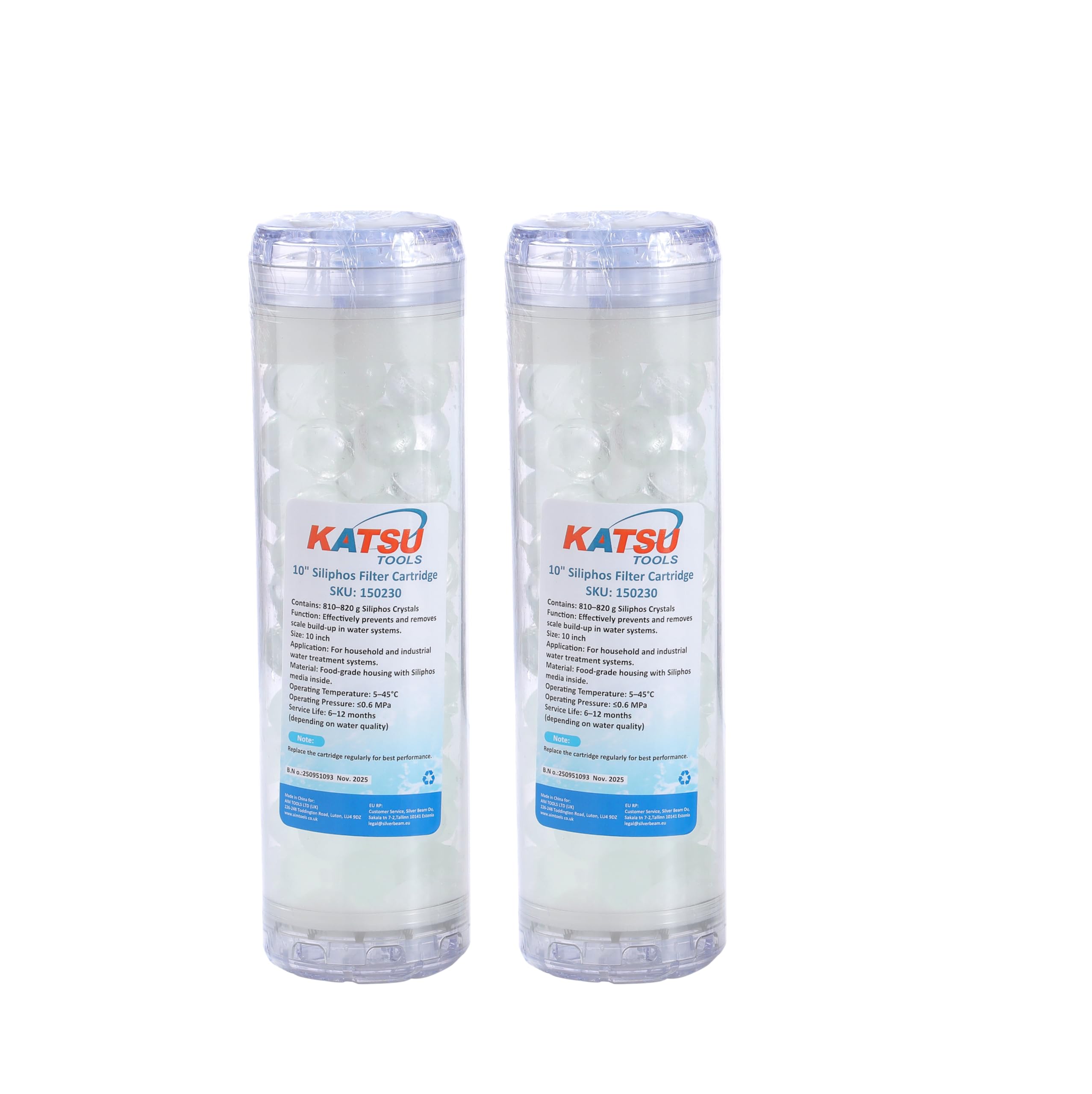 KATSU Tools Paquete de 2 cartuchos de polifosfatos para filtro de agua, removedor de escamas de cal, cartucho de filtro de silifos de 10 pulgadas, cristales de silicofosfato, modelo 150230