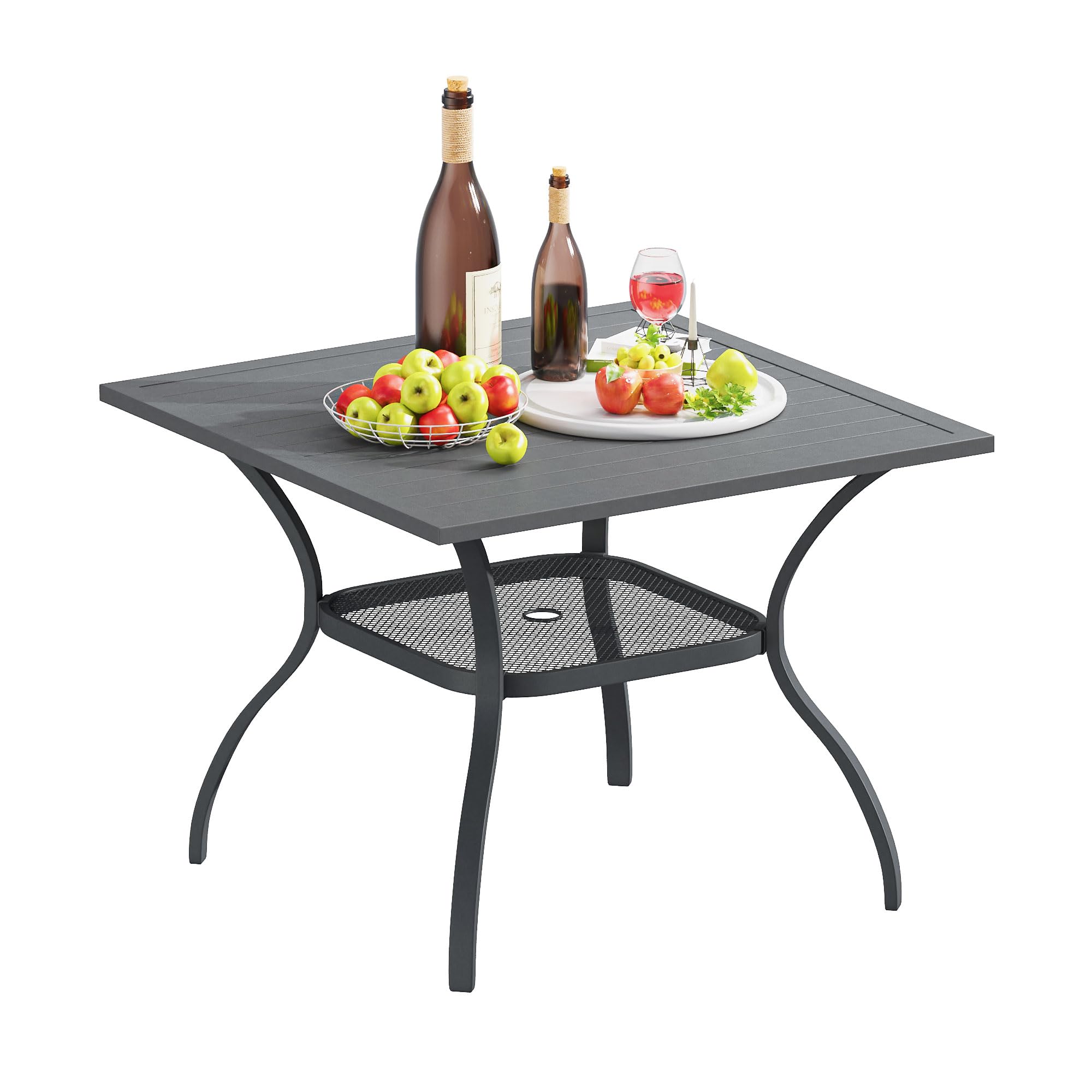 VICLLAX Outdoor Patio Dining Table for 4, Square Patio Table with Umbrella Hole for Patio Lawn Deck Backyard, Dark Grey Tabletop