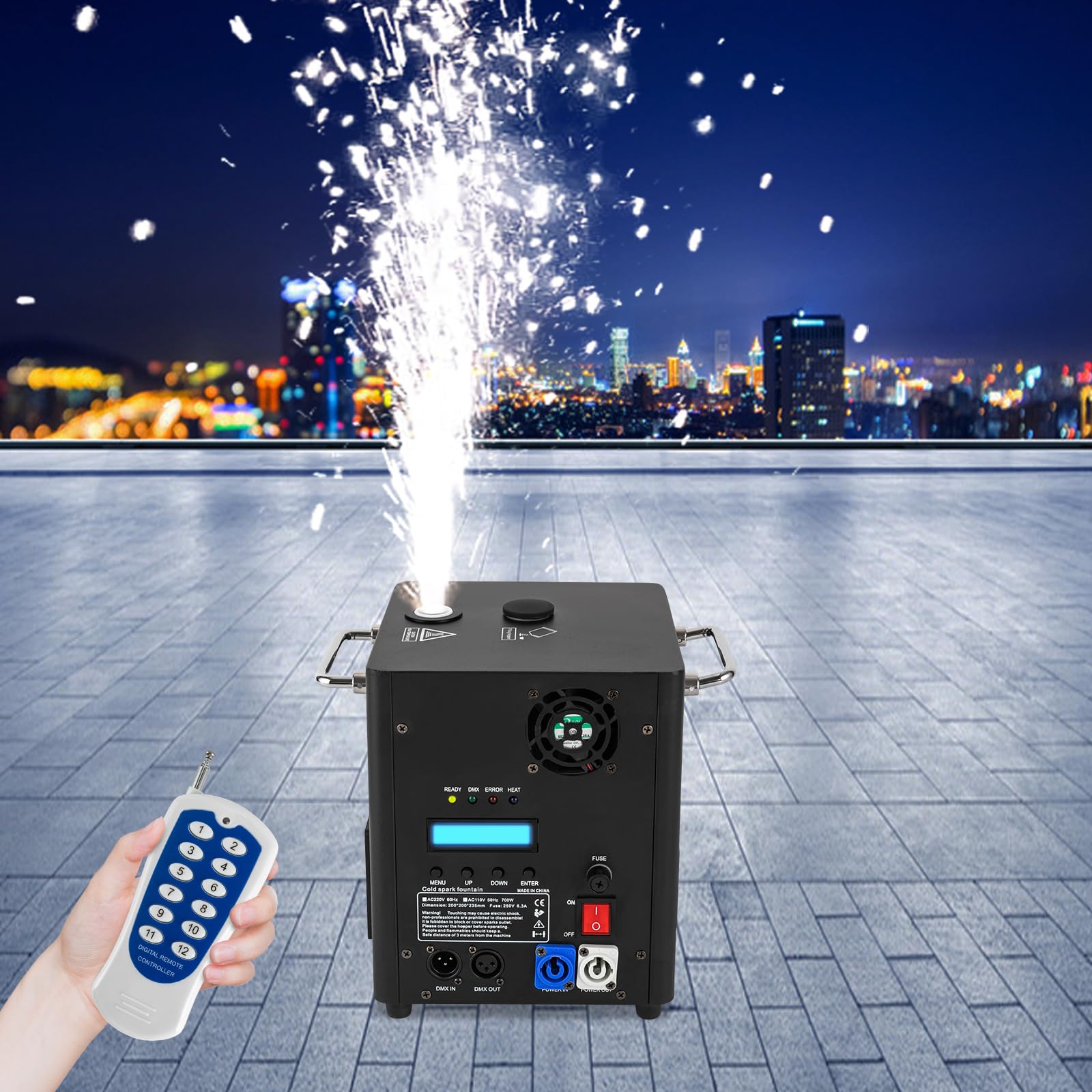 Pyrotechnikmaschinen 700W, Pyrotechnische Effektmaschinen mit Digitalanzeige Fernbedienung, Bühneneffekt-Funkenmaschine, Kaltfunkenmaschine für alle Arten von Partys