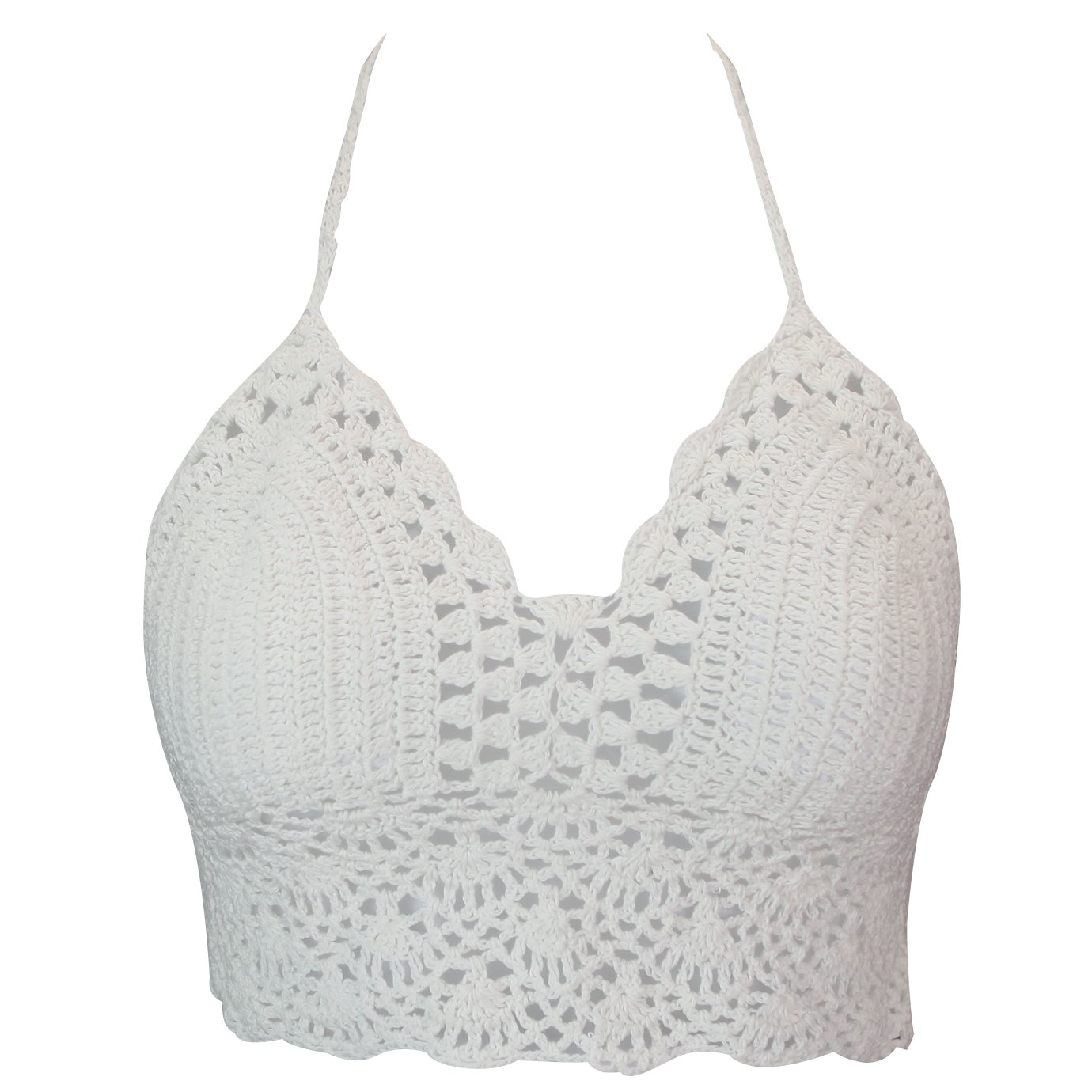 Chnli Camisole Bra Women Lace Crop Top Crochet Floral Unpadded Bustier Knitted Beach Bikini Halter Cami Tank Top Vest (White)