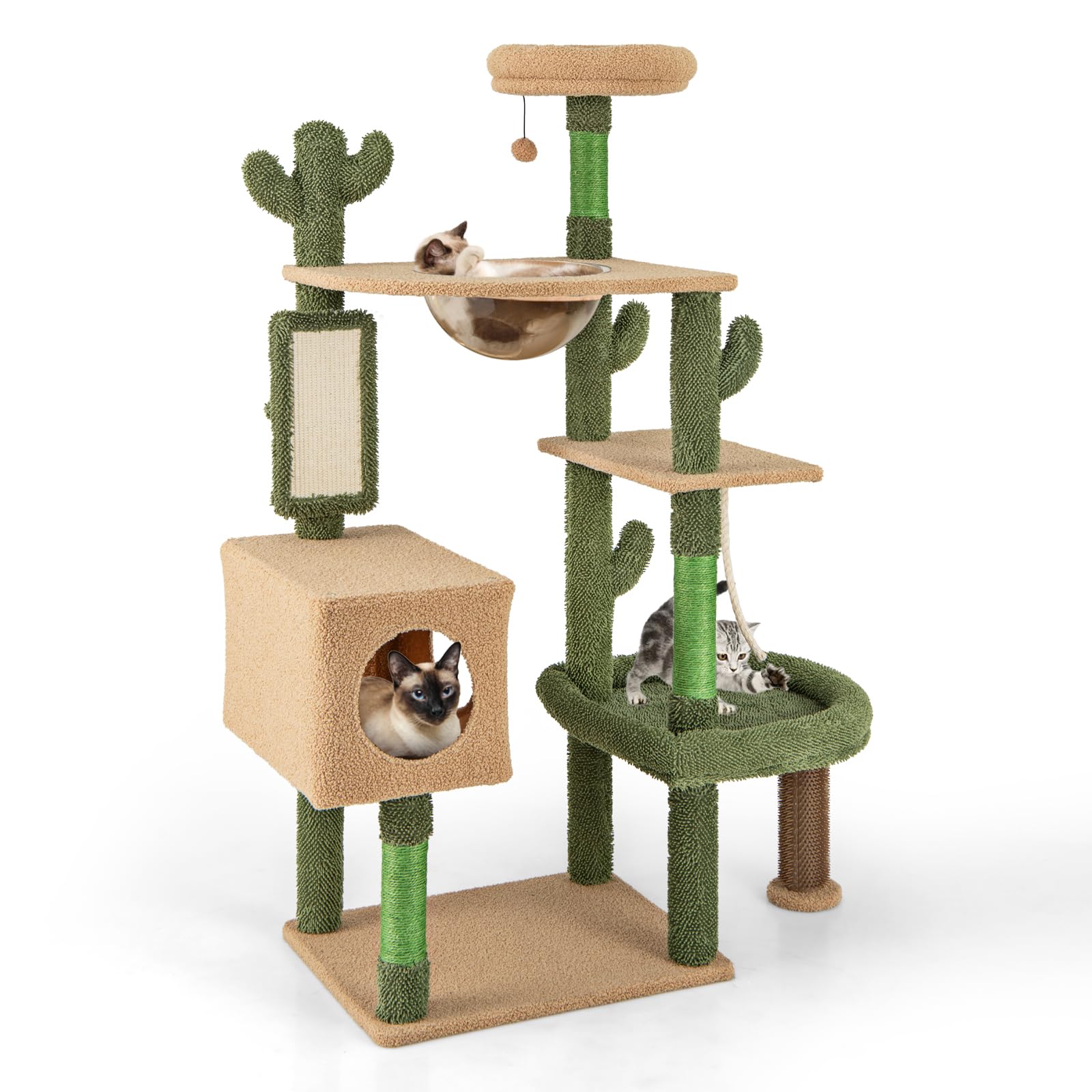 Tangkula Cactus Cat Tree, 59 Inch Tall Cat Tower with Sisal Scratching Posts, Cat Condo, Perch, Space Capsule, Large Bed, Self Groomer, Rope, Ball, Green Cute Cat Tree Tower for Indoor Cats