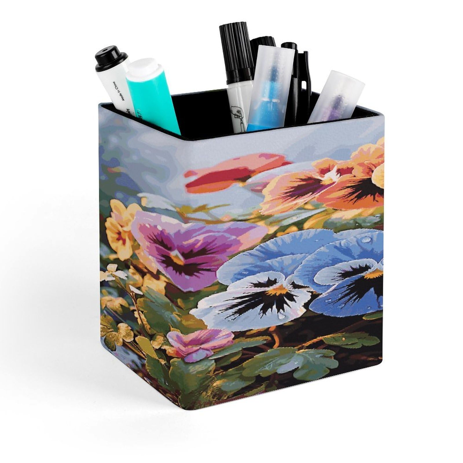 JTREHY Pansy Flowers Pen Holder Square Pen Pencil Holder Makeup Brush Holders Cup PU Leather Pencil Cups Desktop Caddy Stationery Organizer Case Office Accessories Container Box