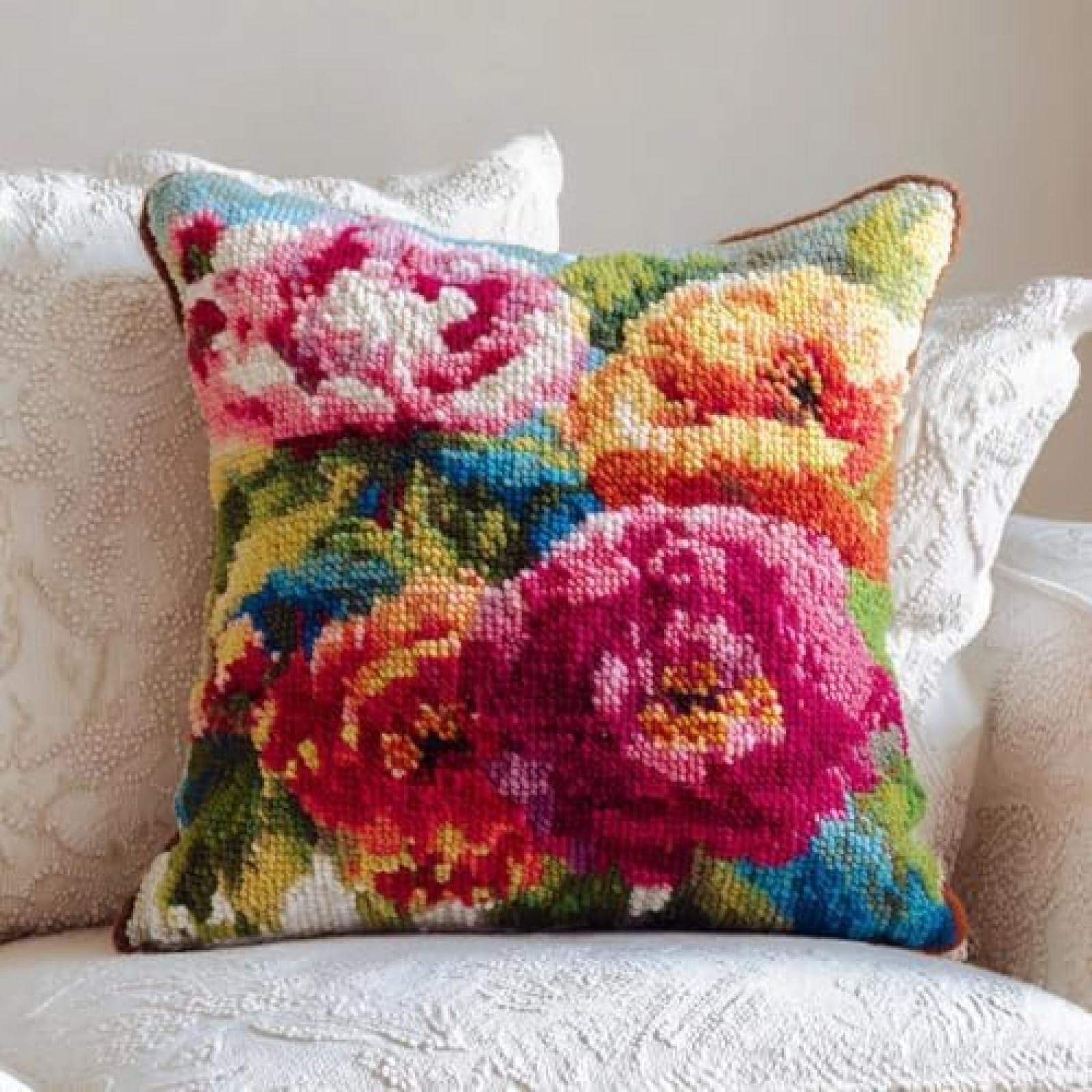 kitphoenix DIY Latch Hook Cushion Kit Peony Flowers and Sunset,Beginner-Friendly Rug Hooking Pillow Kit,Crochet Craft Cushion Cover for Home Decor,43x43 cm-4