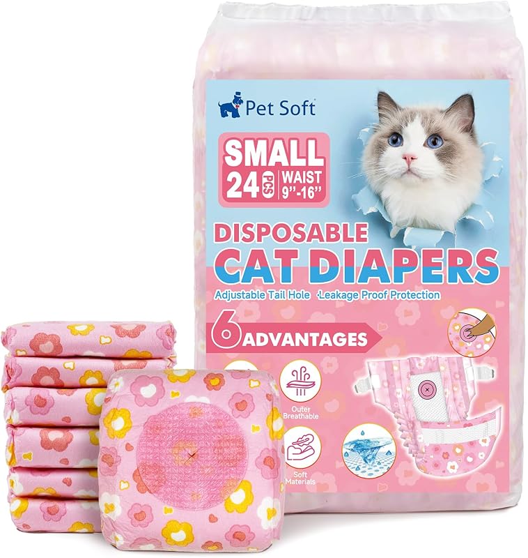 Fralda descartável para gatos e cães pequenos Pet Soft com abertura ajustável para cauda, estampa PK Flowers, tamanho Small, pacote com 24