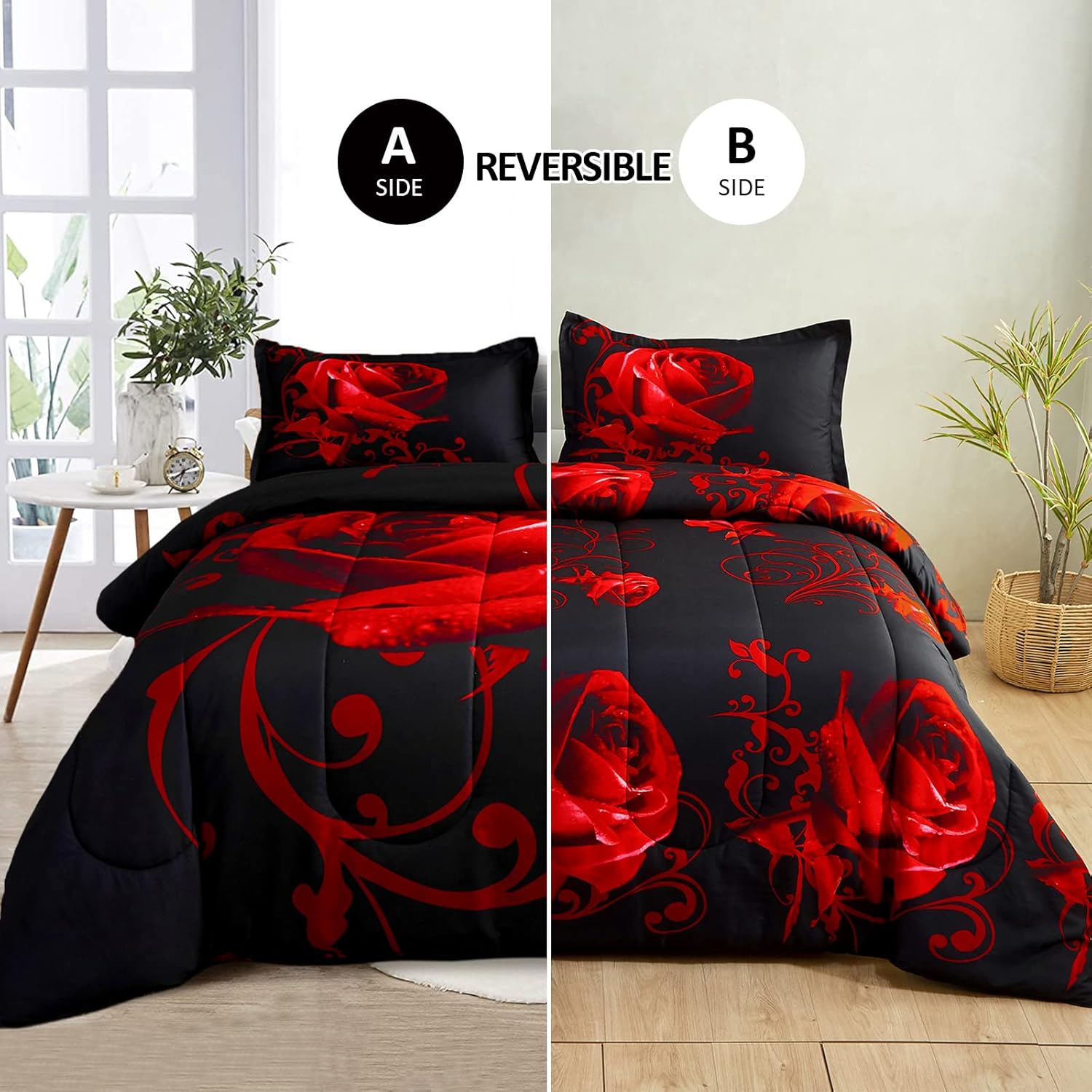 WONGS BEDDING Valentine's Day Red Comforter Set Queen, Reversible Red Rose Pattern Printed Bedding Down Comforter with 2 Pillowcases for All Seasons, Soft Microfiber Lightweight Bedding Set 90"x90" - Image 2