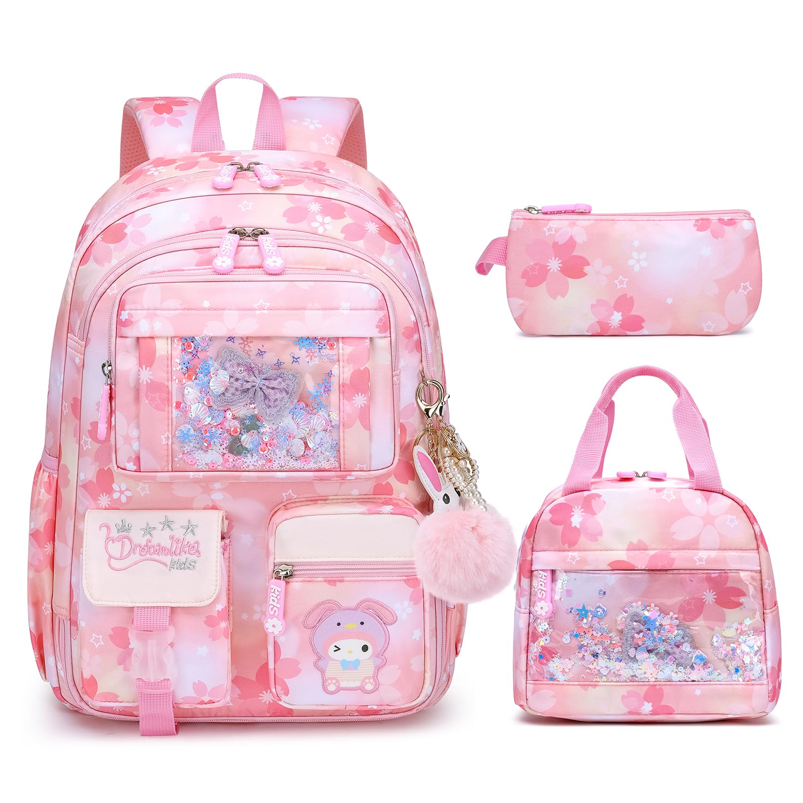 Mädchen Rucksack, Lagre Capacity Rucksack für die Schule, mit Laptopfach, Mädchen-Rucksäcke für Grundschule (Kinder-rucksack + Isolierte Lunchtasche + Federmäppchen, Rosa)