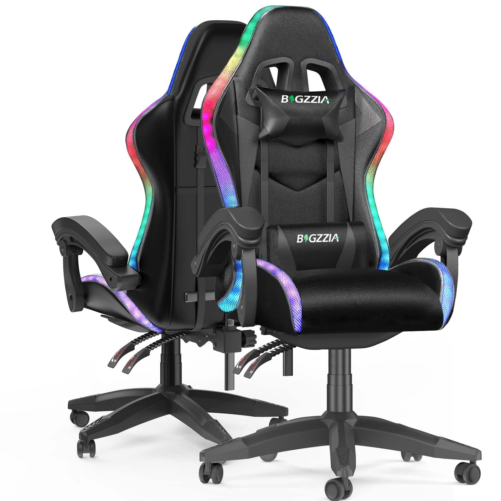 RGB Gaming Chair with Led Lights, Ergonomic Video Game Chair with Adjustable Lumbar Support, Reclining Backrest for Gaming Room & Home Office(With RGB, Black)