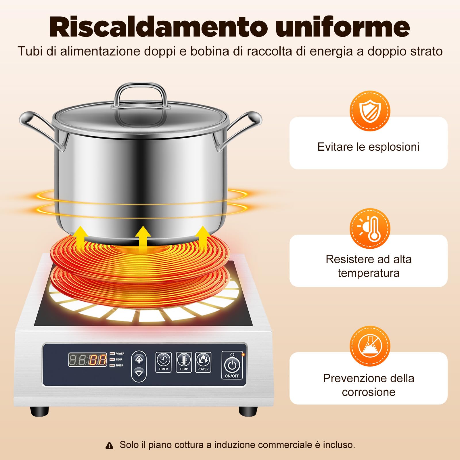 Piastra di cottura a induzione, 3500 W, 35 cm, fornello elettrico a induzione, 75 kg, grande piano cottura a induzione, 1 piastra per diametro 12 – Ø 30 cm, in acciaio inox piatto magnetico, smaltato