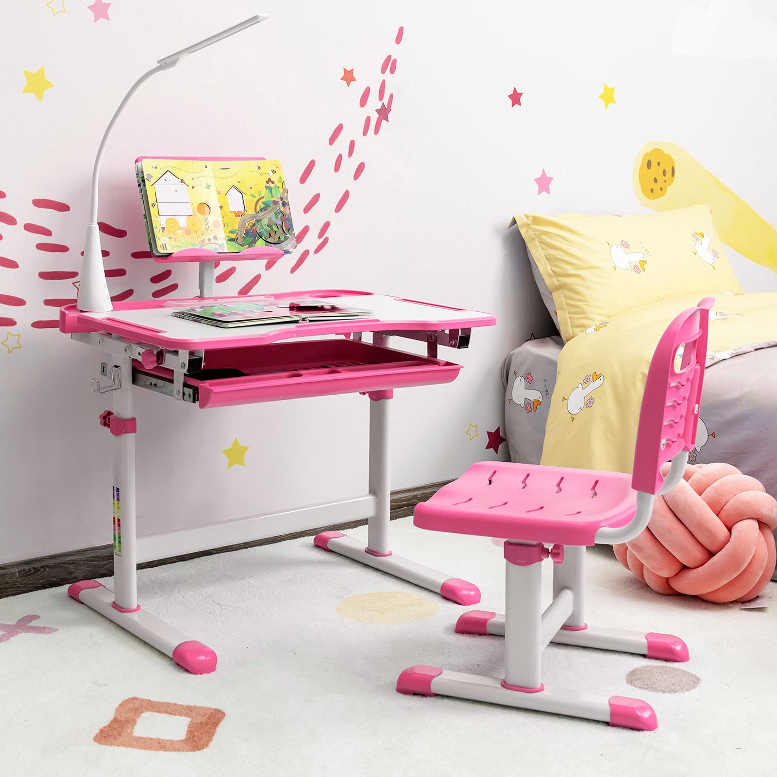 COSTWAY Set Escritorio y Silla para Niños +6 Años, Pupitres Infantil Altura Ajustable y Reclinable, Escritorio Infantil con Luz LED, Atril para Libros, Portalápices, 64X49X52-79cm Rosa