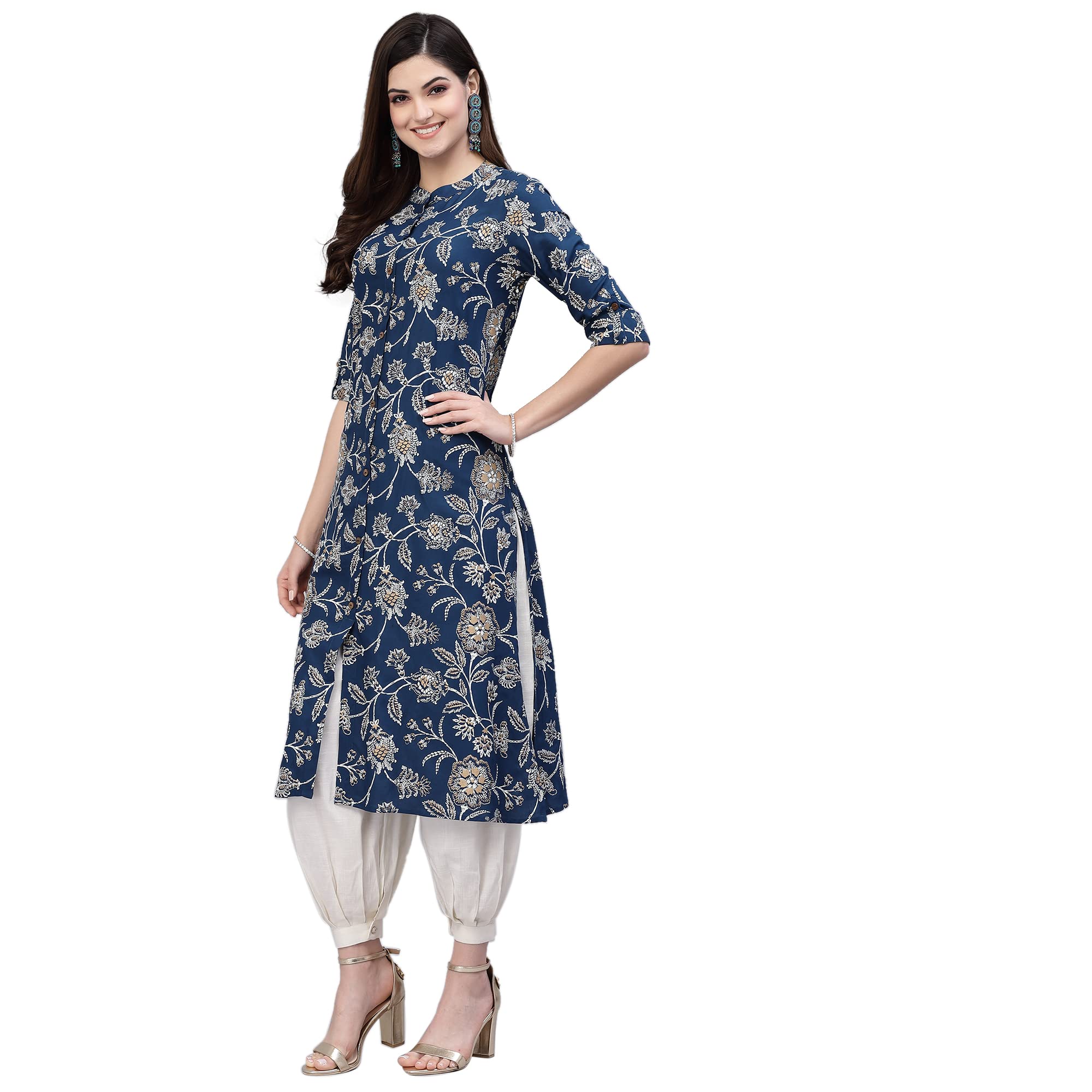 Stylum Women's Floral Print Rayon A-Line Kurta (Fionateal40_Teal Blue, L)