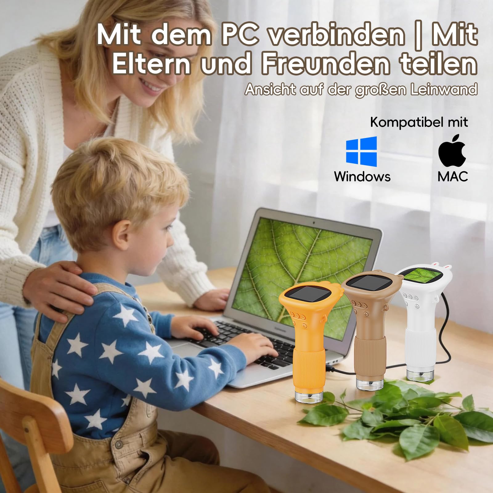 Mikroskop für Kinder - Tragbares Kinder Mikroskop 1000X, Braun | 1000X Taschenmikroskop mit Digitalem HD-Bildschirm [Inkl Fotofunktion] für Garten, Wald, Experimente & Geschenk, Kinder