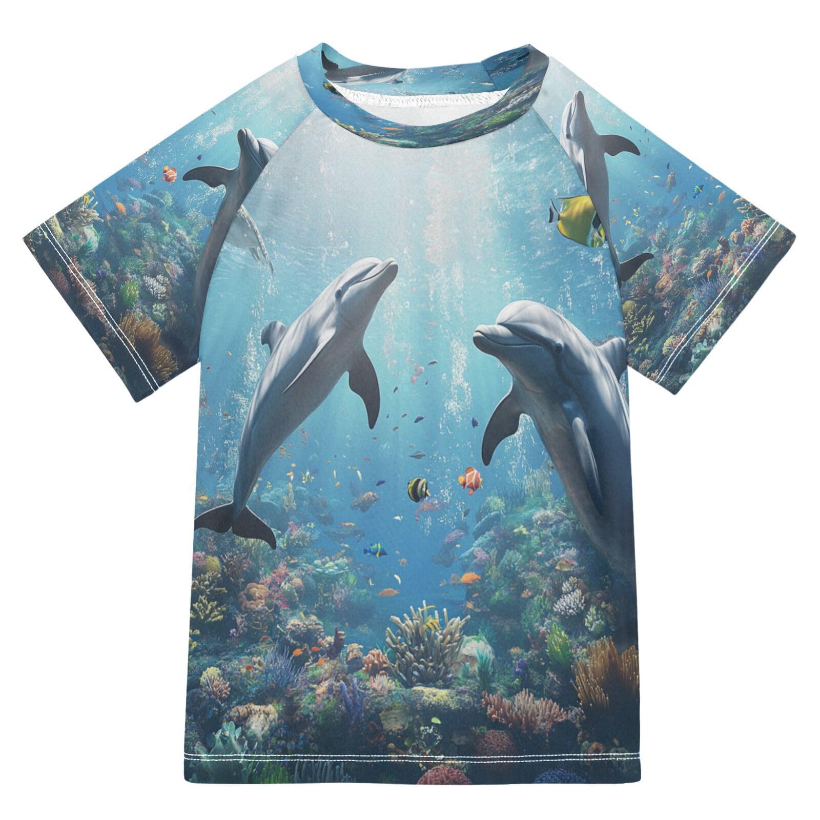 Toddler Boy Rash Guard Short Sleeve Swim Shirt Dolphin Print Rashguard 9-10T Beach Shirts Quick Dry,025