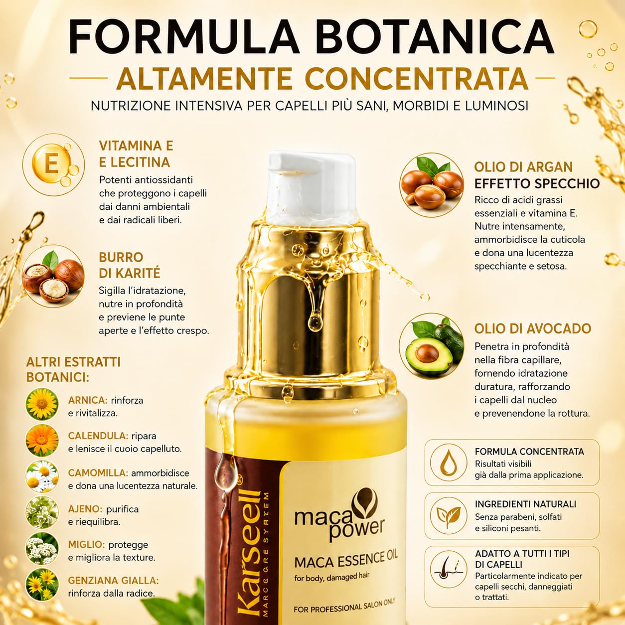 Karseell MACA CARE SYSTEM Siero per Capelli con Olio di Argan Idratante Riparatrice Anticrespo Brillantezza Capelli Secchi Danneggiati Colorati Ricci Lisci Punte Aperte Morbidi Senza Solfati 50ml