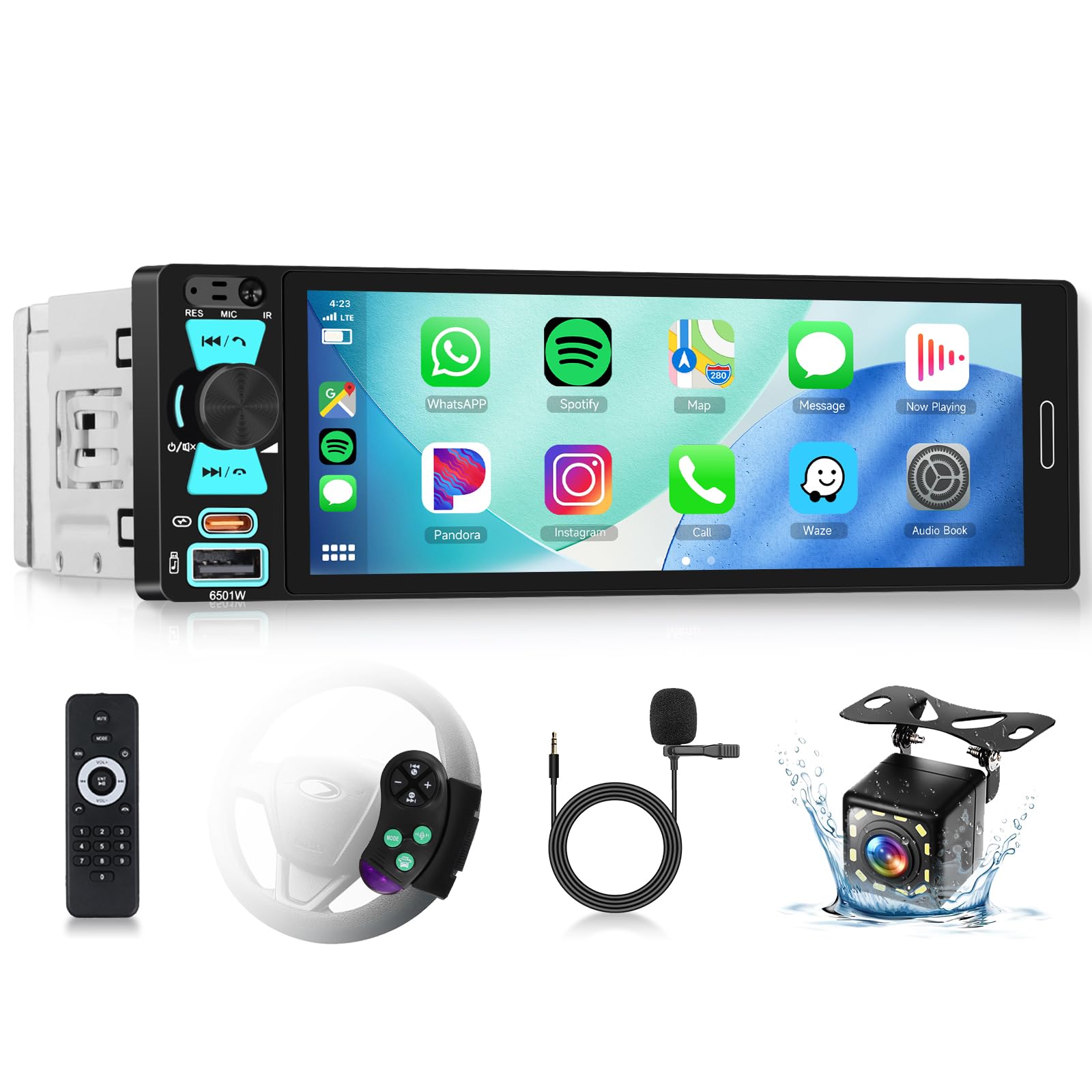 Hodozzy RDS Radio Coche 1 DIN con CarPlay inalámbrico Android Auto, in-Cell Pantalla de 6,5 Pulgadas con USB Type-C, Compatible con Bluetooth 5.2, EQ, Controles del Volante, Cámara de Visión Trasera