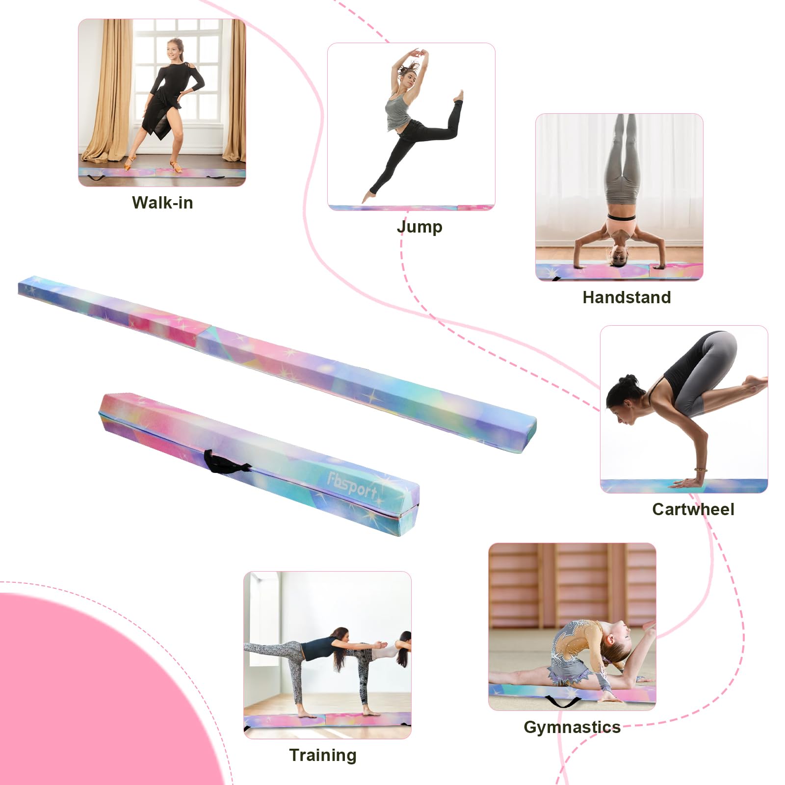 FBSPORT 210 cm składana belka do balansowania, balans gimnastyczny, warstwa flokowana, balans balansowy, wyposażenie fitness dla dzieci