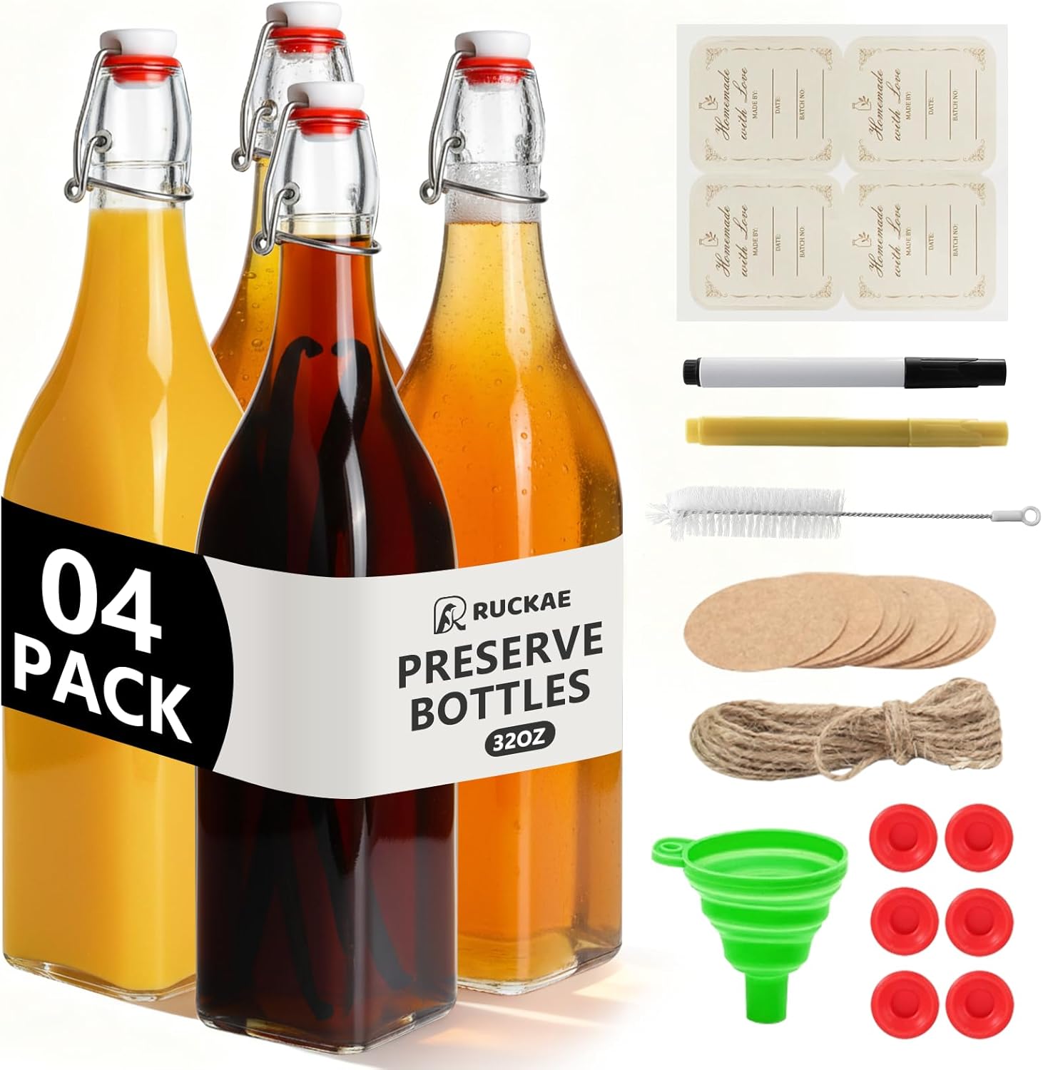 Ruckae Square Swing Top Glass Bottles with Lids Kombucha Coquito Flip Top Glass Bottle for Syrup Vanilla Extract Brew Beer Kefir Air Tight Bottles for Gift (32 oz 4 pack) - Amazon product rated Grade B