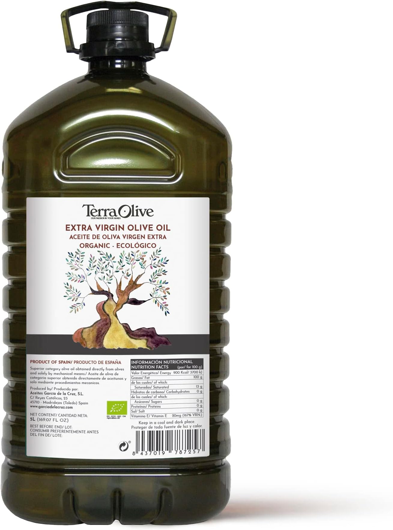 Organic Extra Virgin Olive Oil, Olive Variety, Cooking Oil, Olive Variety, Smooth Body, Sourced in Spain, Montes de Toledo, Recycled PET Container - 5L