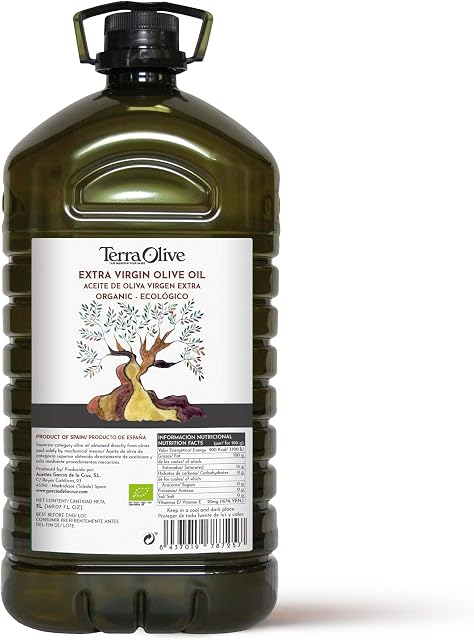 TERRAOLIVE - Organic Extra Virgin Olive Oil, Olive Variety, Cooking Oil, Olive Variety, Smooth Body, Sourced in Spain, Montes de Toledo, Recycled PET Container - 5L