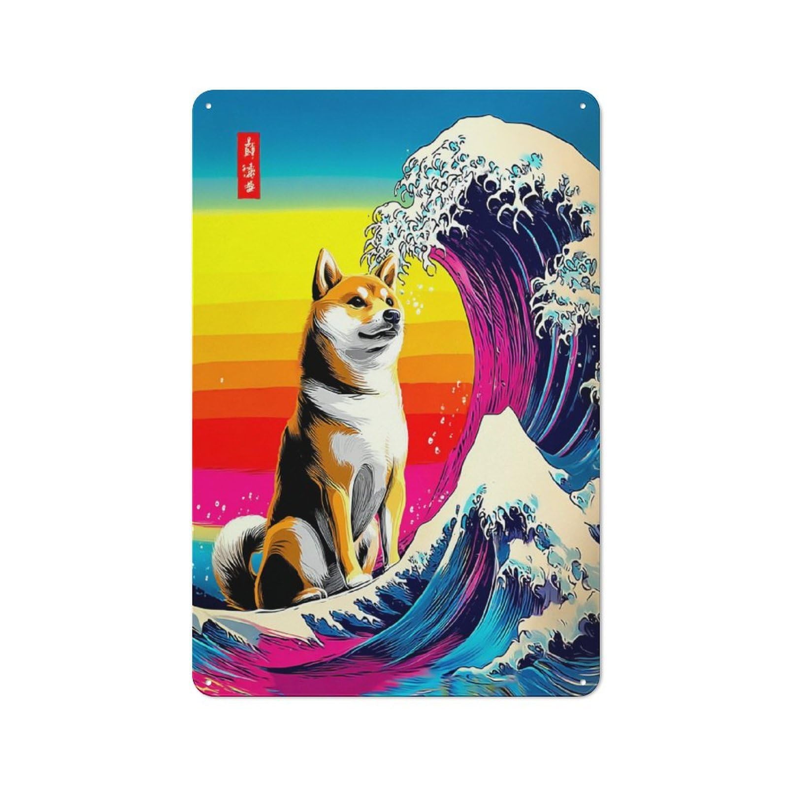 Junmoney Shiba Inu Riding A Rainbow Wave Metal Wall Sign 30X20cm Featuring For Café Or Restaurant, A Decorative Metal Sign For Cafés And Restaurants