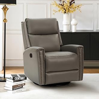 HULALA HOME Genuine Leather Swivel Rocker Recliner, Manual Glider Recliner Chair with Adjustable Backrest & Footrest, Modern Home Theater Lounge Sofa Armchair for Living Room Bedroom, Dove