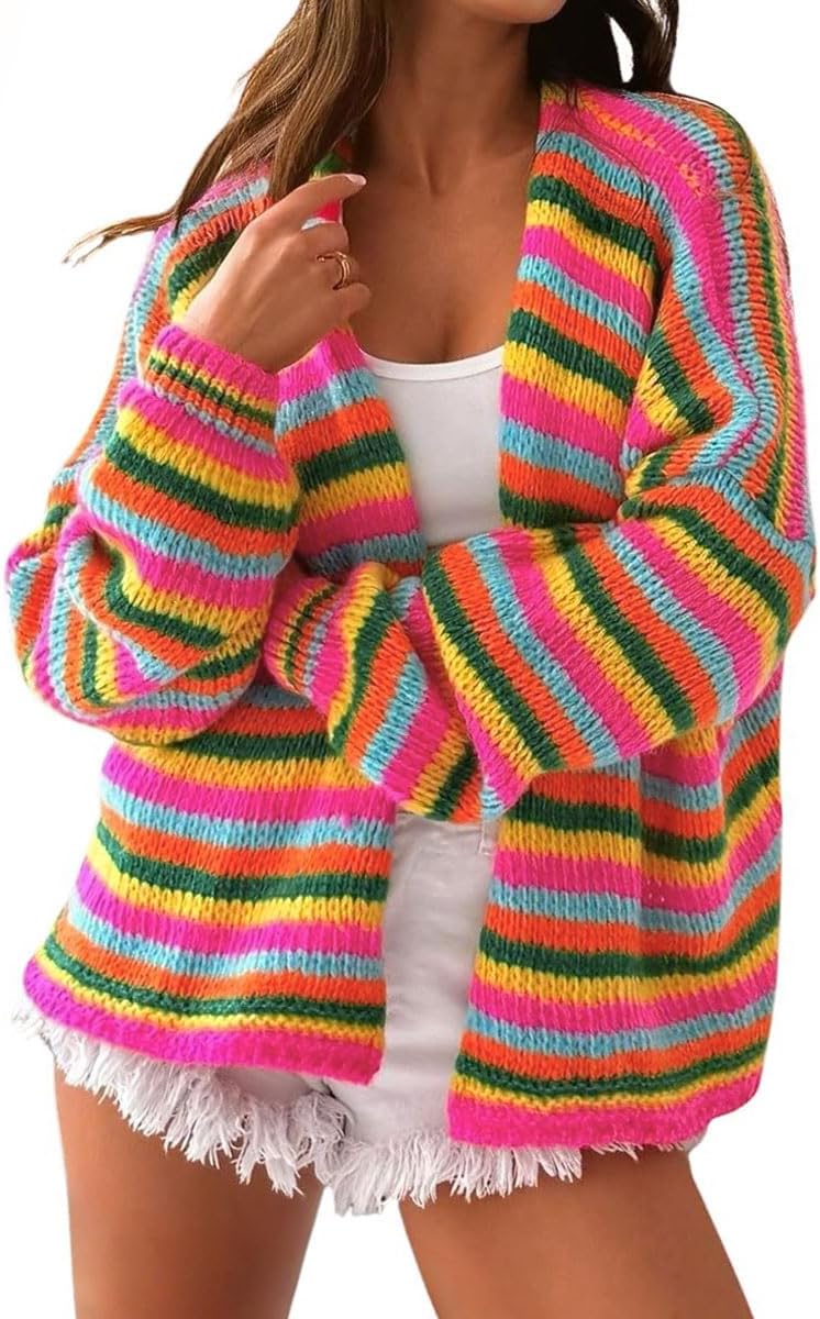 chouyatou Women's 2025 Fall Contrast Color Striped Cardigan Sweater Open Front Chunky Knit Cardigan Jacket