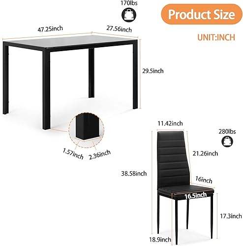 Miniatura 13 de IANIYA Juego de mesa de comedor de vidrio templado de 5 piezas, juego de mesa de cocina con mesa transparente y 4 sillas negras (juego 5 color