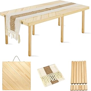Folding Picnic Table with Table Runner, Portable Boho Low Picnic Table for Indoor Outdoor, 44" x 22" Wooden Table with Adjustable Heights for Camping, Wedding, Beach, Garden, Party(Small Size for 4)