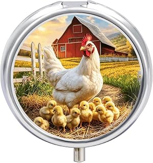 Farm Hens and Chicks Travel Pillbox 3 Compartment Pill Organizer | Portable Travel Pill Case Round Medicine Box with Mirror Compact and Cute for Vitamins Fish Oils and Supplements