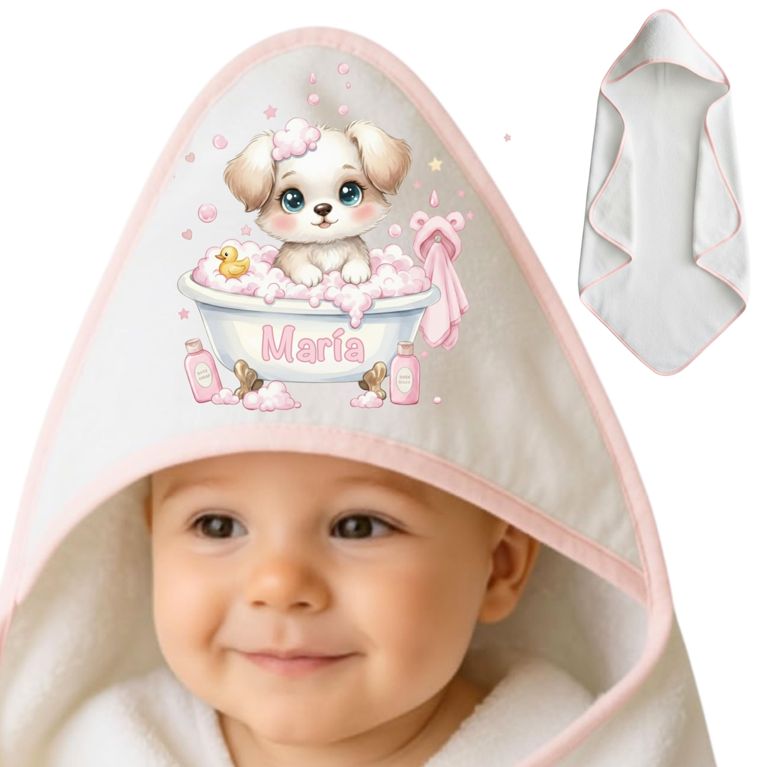 Capa de baño Bebe Personalizada 100x100cm - Algodón Toalla Bebe Recien Nacido Personalizada con Nombre – Regalos Bebes Recien Nacidos Originales – Hecho en España (Perro Rosa)