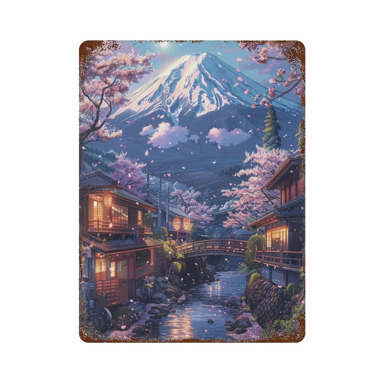 Decorative Tin Sign with Cherry Blossom Village with Mount Fuji Design 15.7"x11.8", for Basement, Hobby Room And Garage Decor, Farmhouse Wall Decor