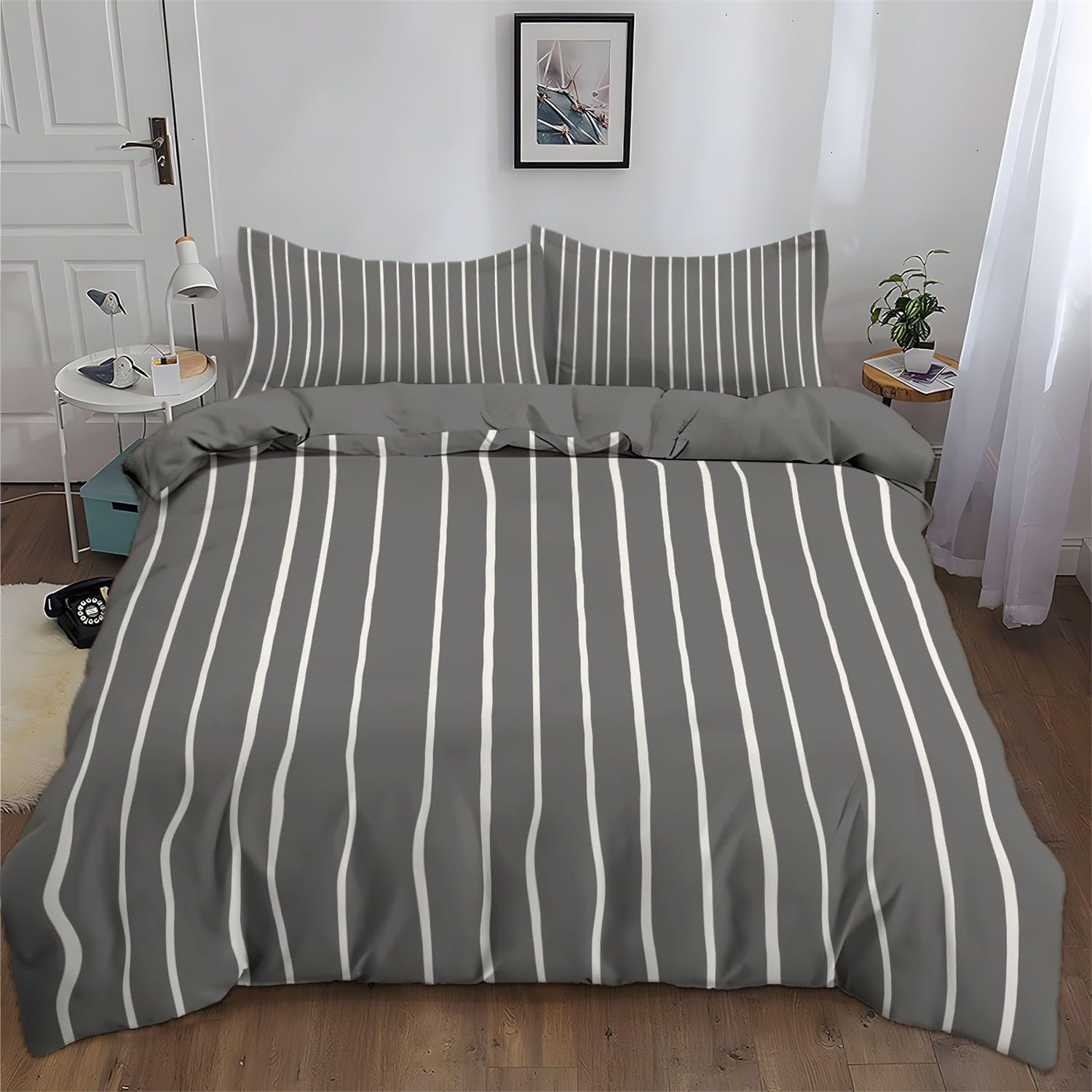 Komplet pościeli 220 x 240 cm, proste pionowe paski, pościel z mikrofibry, poszewka na kołdrę i poszewka na poduszkę 80 x 80 cm, z zamkiem błyskawicznym, miękka i nie wymaga prasowania, ciemnoszara