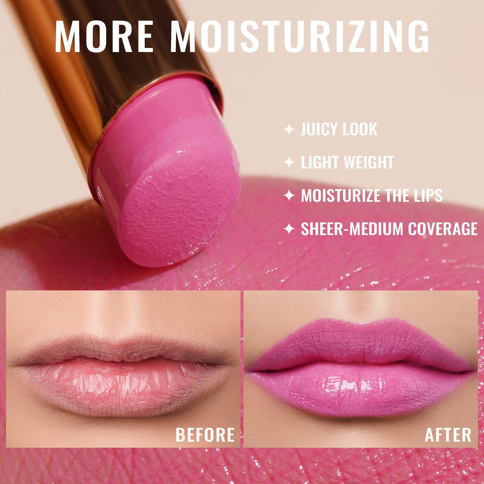 Oulac Moisturising Lipstick Pink - Moisture Shine Hydrating Lipstick & Tinted Lip Balm for Dry Lips Medium Coverage Lip Colour - Image 4