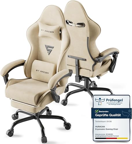 Huracan Silla Gaming Ergonómica Reclinable, Silla Gamer Cojín Lumbar+Reposacabezas+Reposapiés, Respaldo Alto Acolchado, 360° Giratoria, Gaming Chair para Oficina/Ordenador, Beige
