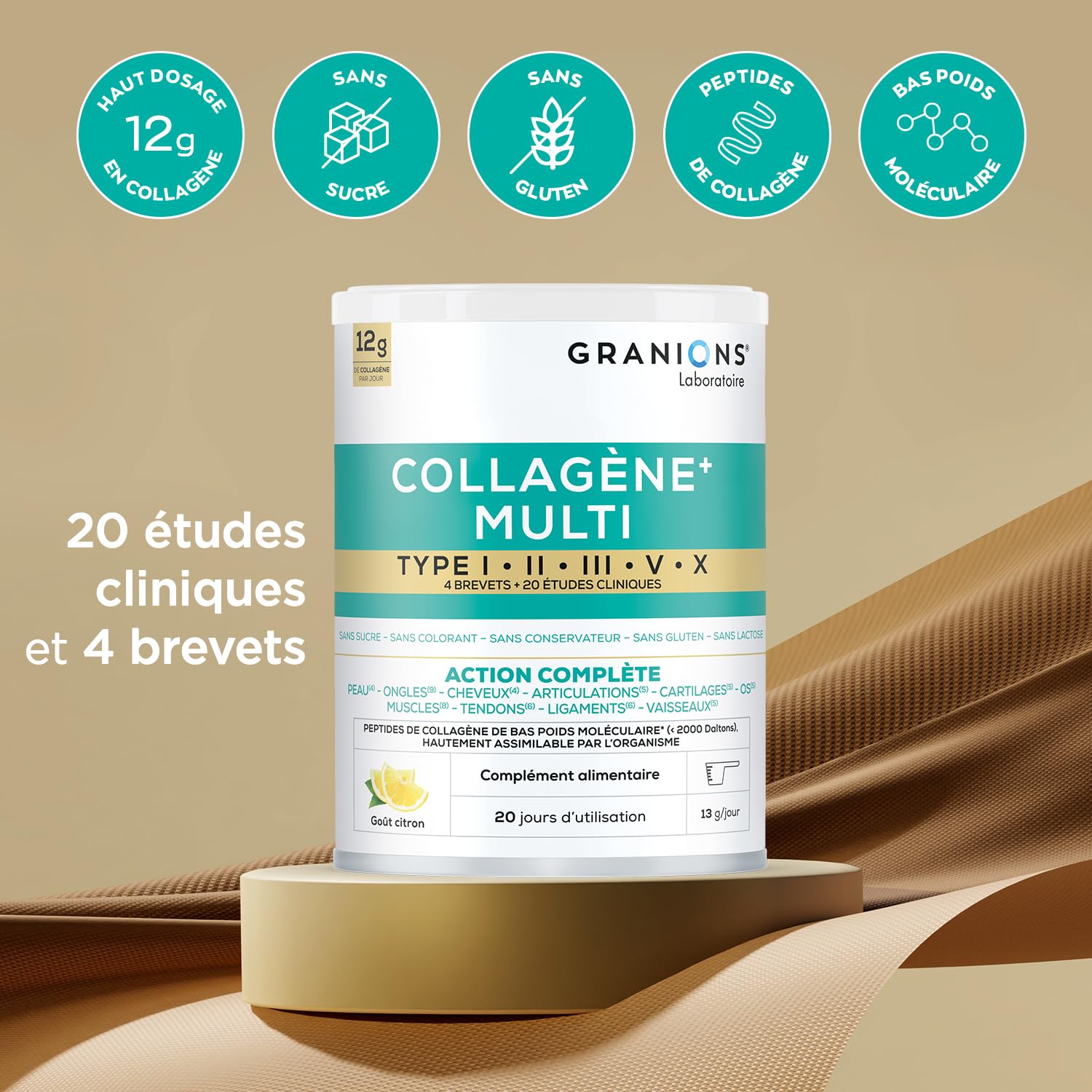 MULTI Collagene - 5 Types de Collagène - GRANIONS Collagène N°1 en Pharmacies - Collagene et Acide Hyaluronique - Marin Poudre - Collagene Marin + Vitamine C - 20 études cliniques - Goût Citron 260 g