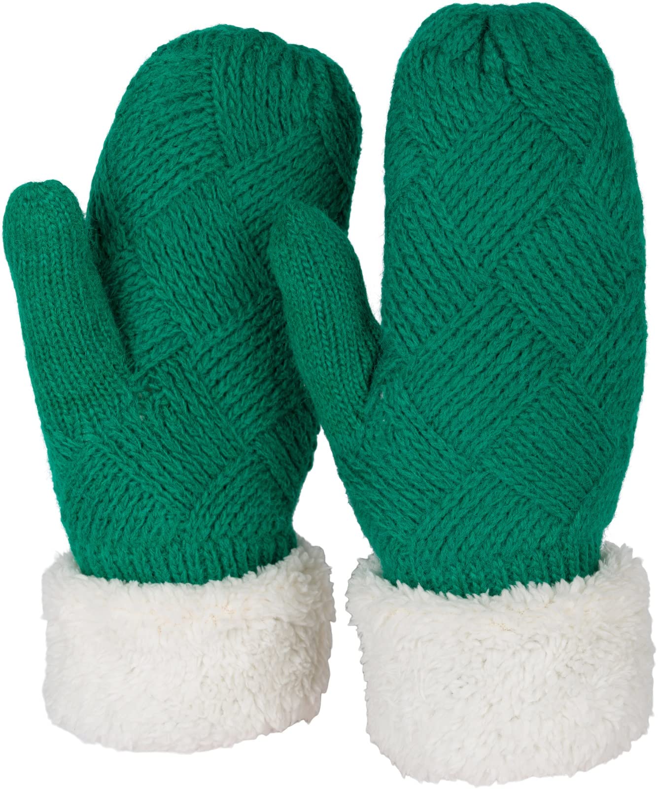 Stylebreaker Women's Green Warm Winter Knitted Mittens, Gloves With Diamond Pattern, Thermo Fleece, Knitted Gloves 09010031, Colour: